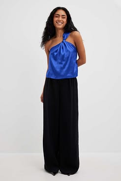 One Shoulder Twist Detail Satin Top Outfit