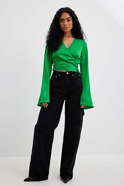 Trumpet Sleeve Wrap Front Satin Blouse Outfit