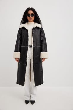 Bonded Faux Fur Detailed Long Coat Outfit