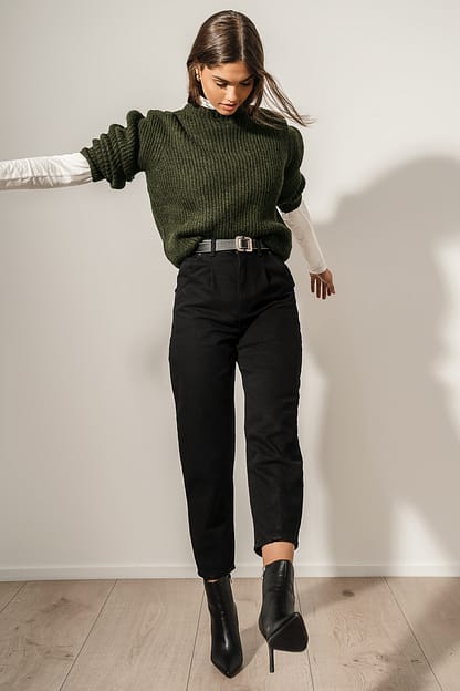 Dark Green High Neck Ribbed Knitted Sweater