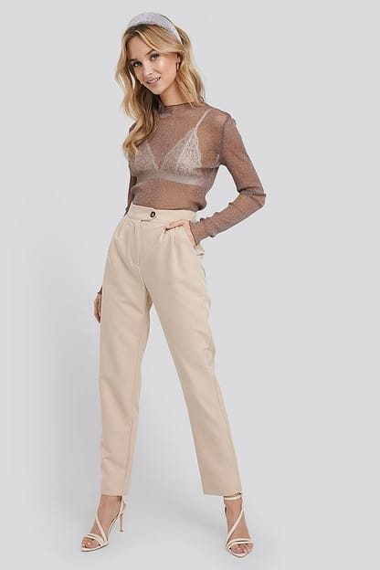 Khaki Glittery High Neck Mesh Top