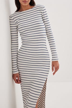 Navy/White Robe longue rayée à décolleté profond au dos