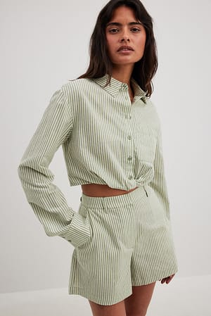Green Stripe Chemise courte rayée effet lin
