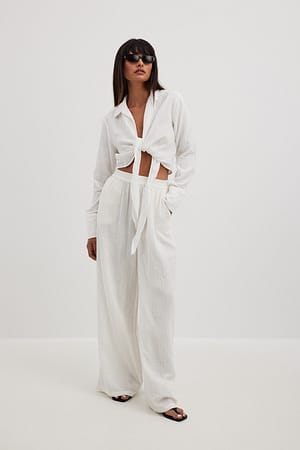 White Pantalon structuré à taille élastique et fluide