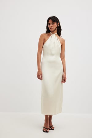 White Twisted Front Satin Midi Dress