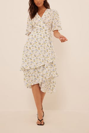 Blue Flower Robe midi en mousseline