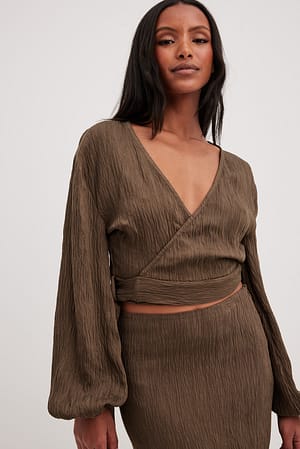 Brown Blouse cache-cœur nouée sur le devant à col en V