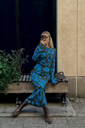 Brown/Blue Robe longue en maille à manches larges