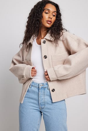 Light Beige Veste courte surdimensionnée en laine mélangée
