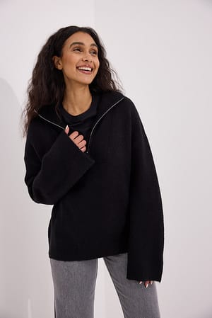 Black Pull zippé en maille de laine